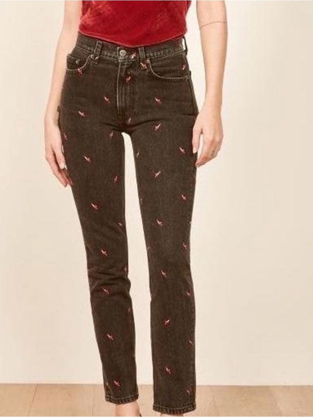 Reformation Julie High Cigarette Heart Embroidered Jeans
